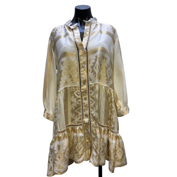 Kasia Gold & Cream Boho Tunic Dress With Tribal Print & Ruffle Hem L - Picture 1 of 4